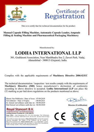 Certificate for Registration of Packaging Machinery