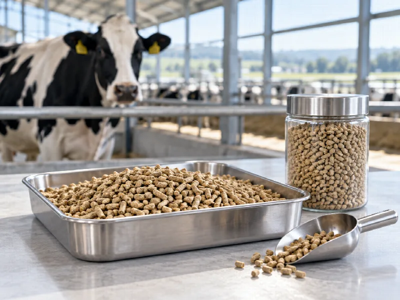 Animal nutrition pellets and a sample jar with a dairy cow in the background