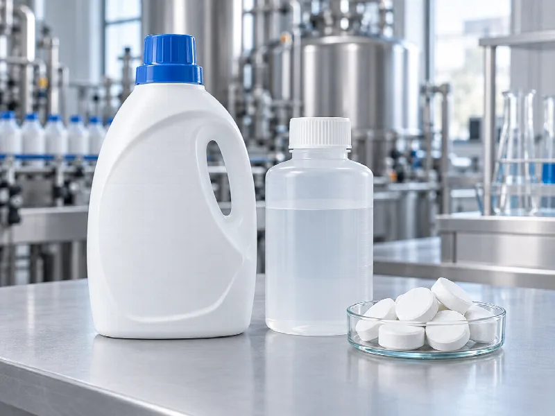 Chemical and home care bottles with cleaning tablets