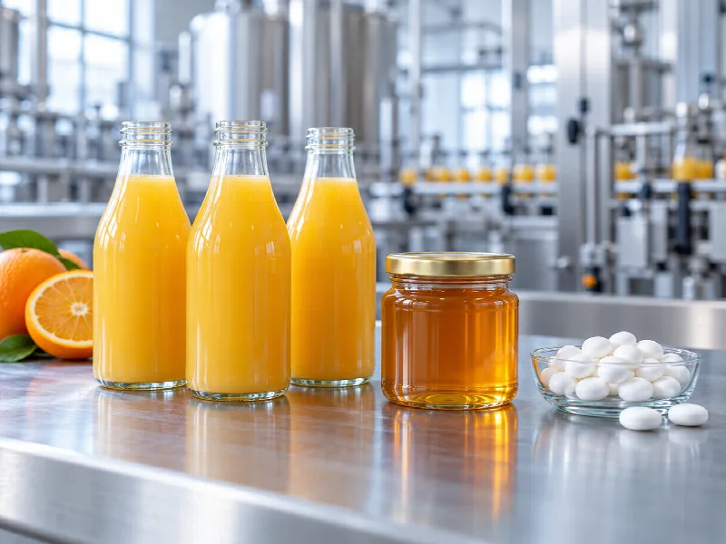 Juice bottles, honey and confectionery mints on a food production counter