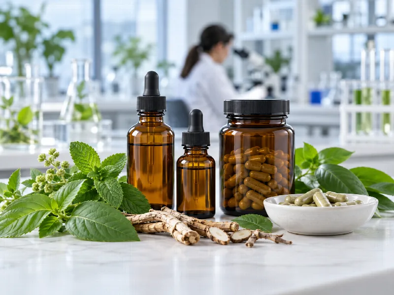Herbal product bottles and capsules with green medicinal leaves