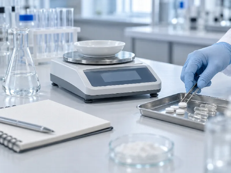 Formulation research bench with a balance and tablet samples