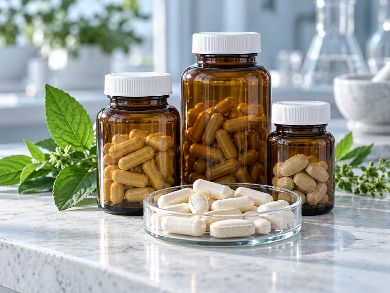 Supplement bottles, capsules and tablets on a clean counter