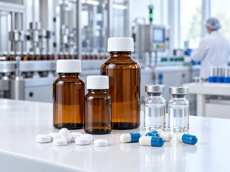 Medicine bottles, vials, tablets and capsules in a pharmaceutical laboratory