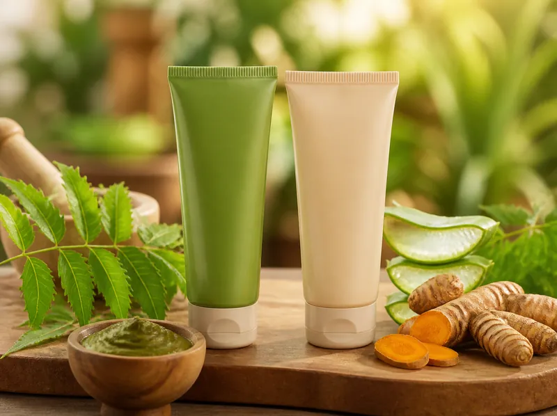 Ayurvedic and herbal balm tubes with herbs