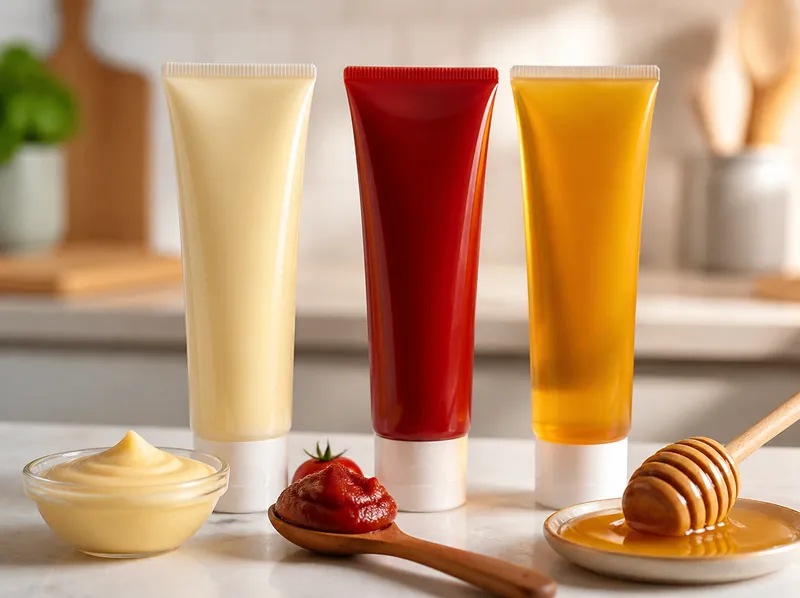 Food paste tubes: condensed milk, tomato paste and honey